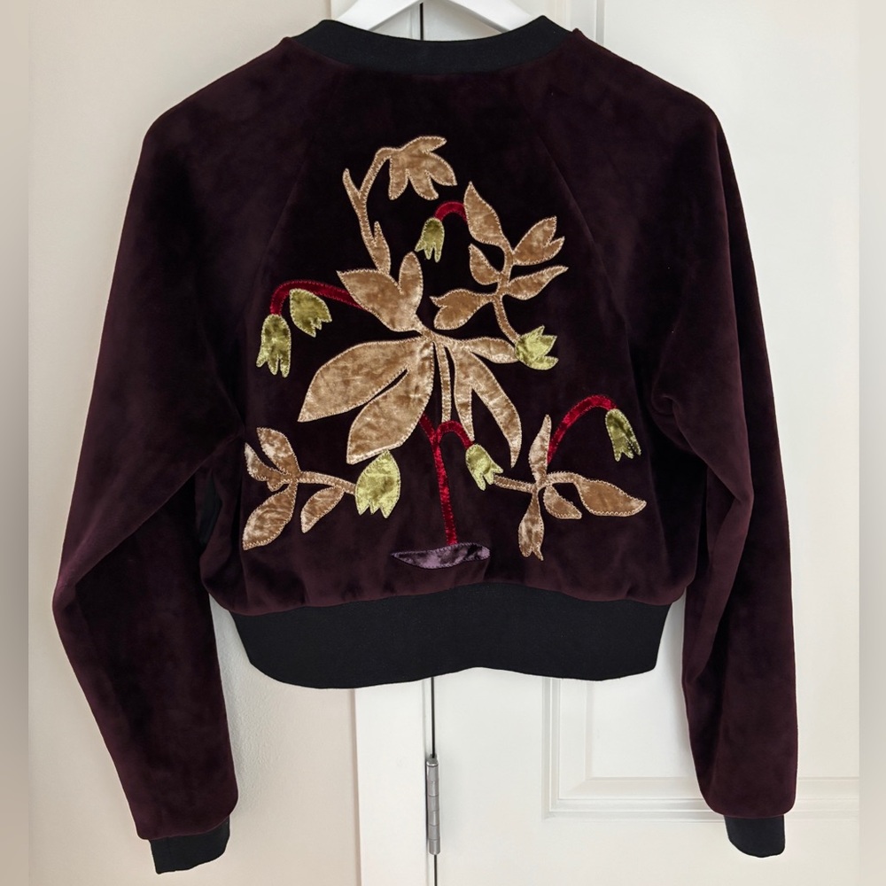ZARA Purple Burgundy Embroidered Velvet Bomber Jacket, Shimmer Collar, Small - Picture 2 of 10
